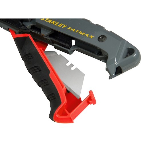 STANLEY 0-10-242 utility knife with open handle showing internal blade storage, close-up, white background.
