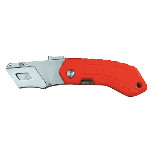 STANLEY 0-10-243 folding utility knife with red ergonomic handle, side view on white background.
