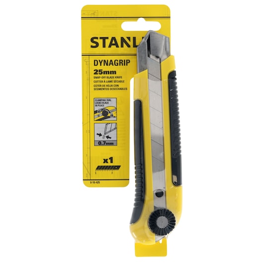 STANLEY 0-10-425 utility knife with yellow and black handle, snap-off blade, front packaging view.
