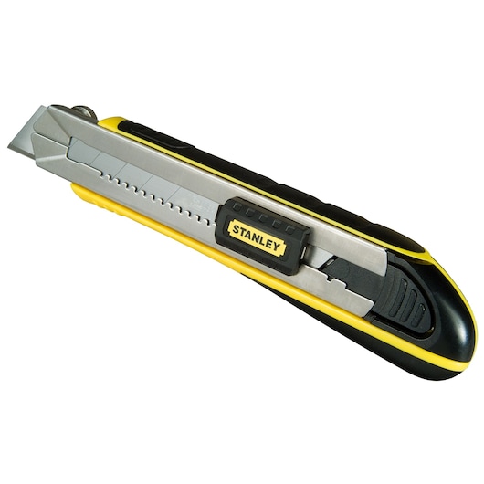 STANLEY 0-10-486 utility knife with yellow and black handle, angled view on white background.