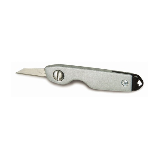 STANLEY 0-10-598 silver folding utility knife, side angle, shown on white background.
