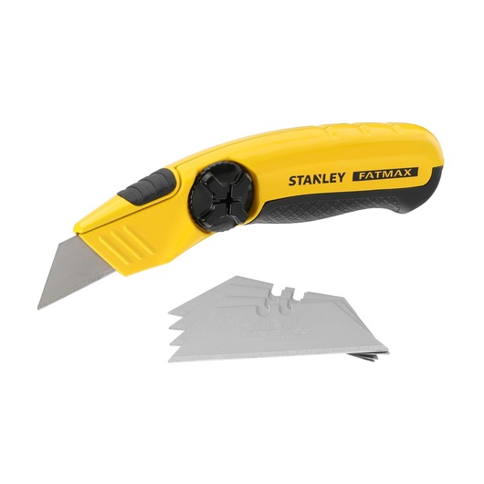 STANLEY 0-10-780 folding utility knife with yellow handle and spare blades, product photography, angled view.