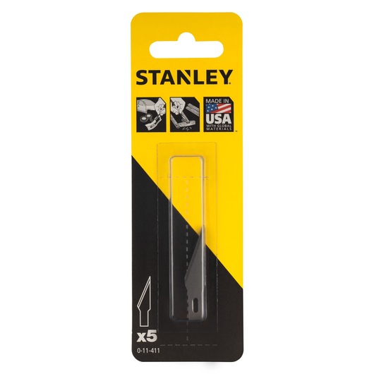 STANLEY 0-11-411 utility knife replacement blades, pack of 5, retail packaging, front angle.