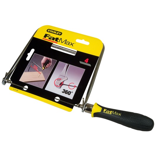 STANLEY 0-15-106 FatMax coping saw with black and yellow handle, product shown at angle on white background.