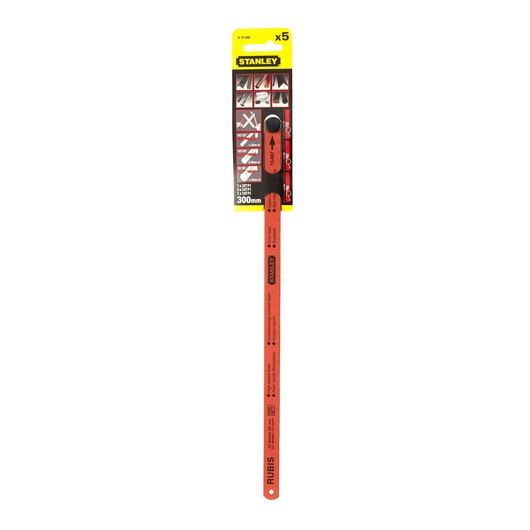 STANLEY 0-15-900 hacksaw blade pack, 300mm, orange blades, front view on white background.