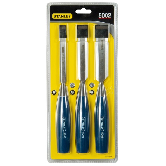 STANLEY 0-16-128 chisel set with blue handles and three sizes, front packaging view.