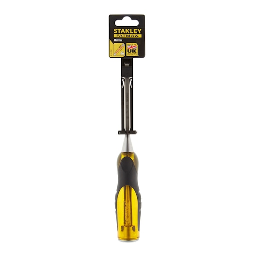 STANLEY 0-16-252 chisel with yellow and black ergonomic handle, front angle, on white background.