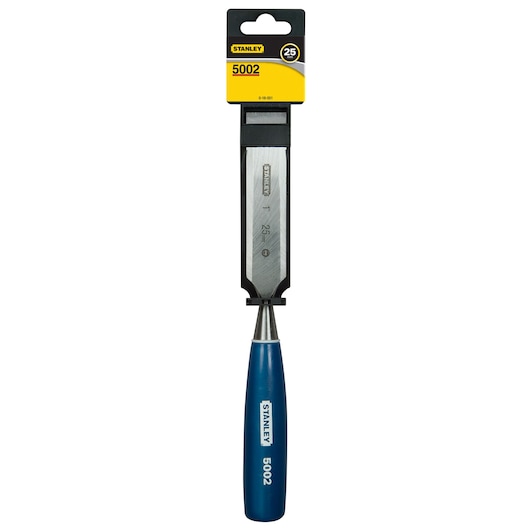 STANLEY 0-16-551 chisel with blue handle and 25 mm blade, front angle on white background.