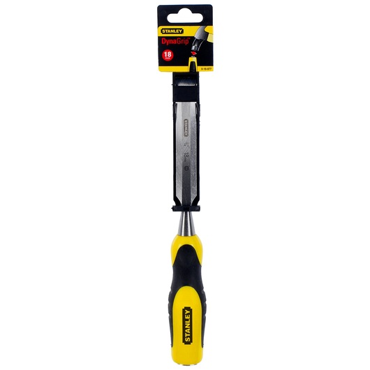 STANLEY 0-16-877 DynaGrip chisel with yellow and black handle, front view on white background.