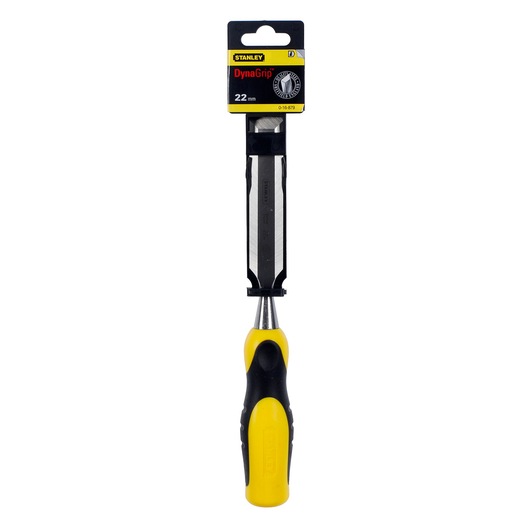 STANLEY 0-16-879 wood chisel, DynaGrip handle, yellow and black, 22mm, front angle, white background.