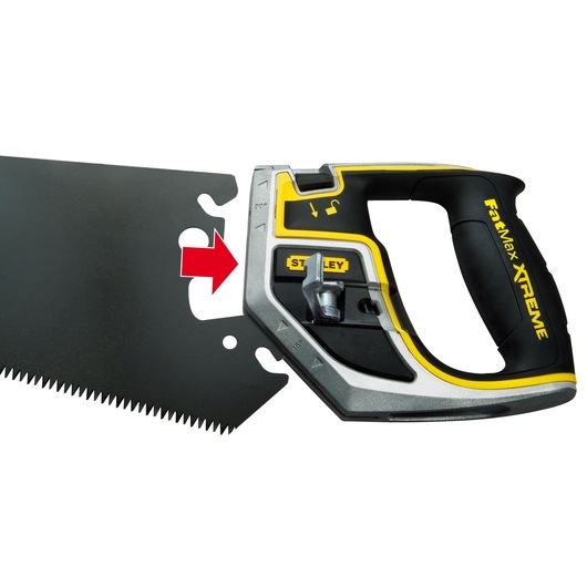 STANLEY 0-20-104 hand saw close-up with black blade and yellow-black ergonomic handle, showing blade lock mechanism.