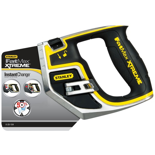 STANLEY 0-20-104 FatMax XTREME InstantChange saw system, ergonomic black and yellow utility saw, front angle on white.