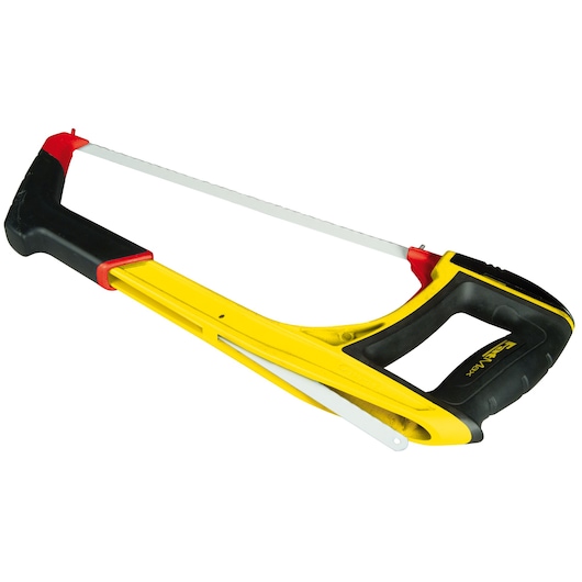 STANLEY hacksaw, SKU 0-20-108, yellow and black frame, side angle on white background.