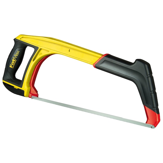 Stanley FatMax hacksaw with a yellow and black frame and ergonomic handle for cutting metal.