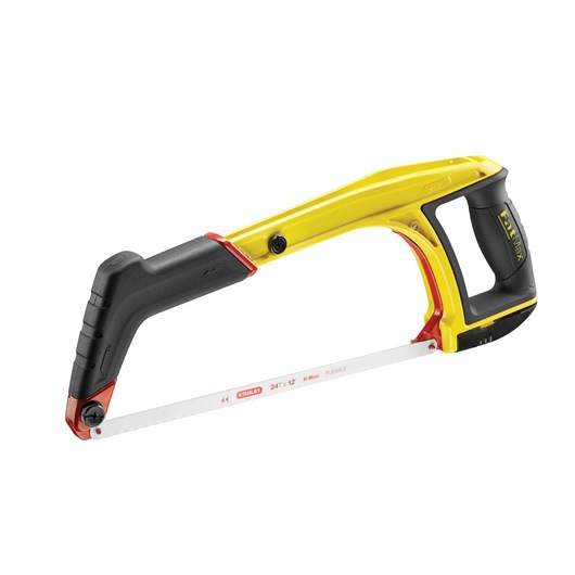 Stanley hacksaw with ergonomic black and yellow handle, visible blade and sturdy frame on white background.
