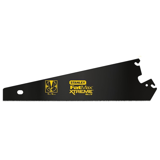 STANLEY 0-20-204 FatMax XTREME black replacement saw blade with fine teeth, left side angle on white background.