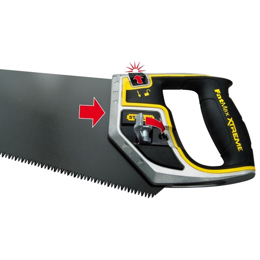 STANLEY 0-20-255 hand saw with black blade and yellow-black handle, close-up showing adjustment features, side angle.