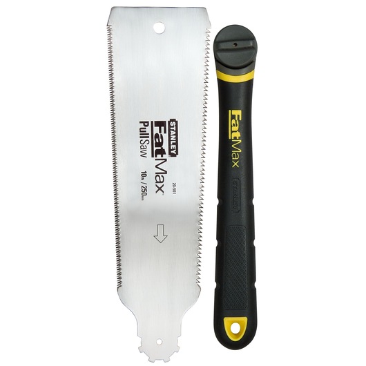 STANLEY 0-20-501 pull saw blade and black FatMax handle, front angle on white background.