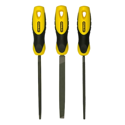 Stanley set of three metal files with yellow and black ergonomic handles, each file has a different shape.