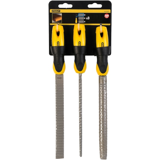 STANLEY 0-22-477 set of three wood rasps with yellow and black handles, front view on white background