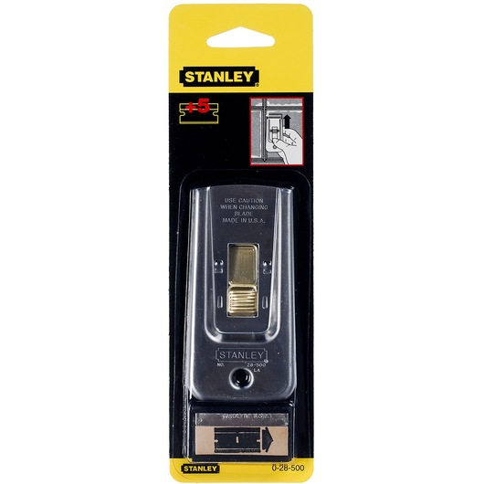 Stanley 0-28-500 razor blade scraper in retail packaging, front angle showing tool and replacement blades.