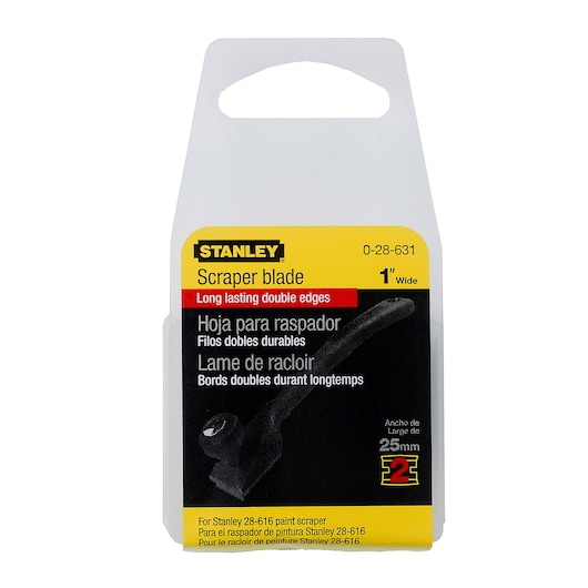 Photo of STANLEY 0-28-631 scraper blade package, yellow and black, for paint scraper, 1 inch wide, front view.