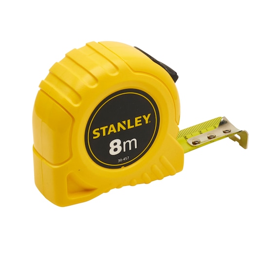 Stanley 8m yellow tape measure with metal hook, used for measuring length in construction or DIY projects.