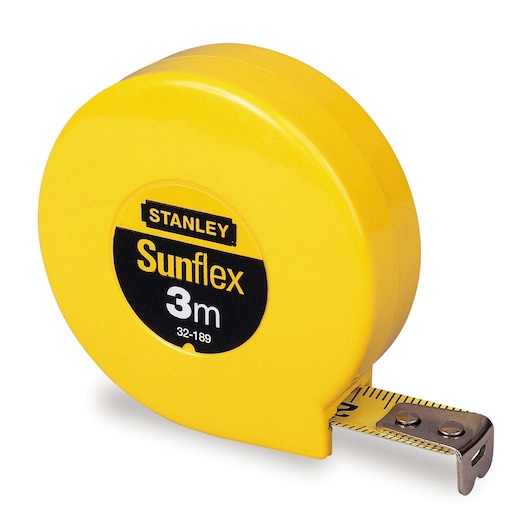 STANLEY 0-32-189 yellow Sunflex 3m tape measure, angled on white background, showing extended metal blade.