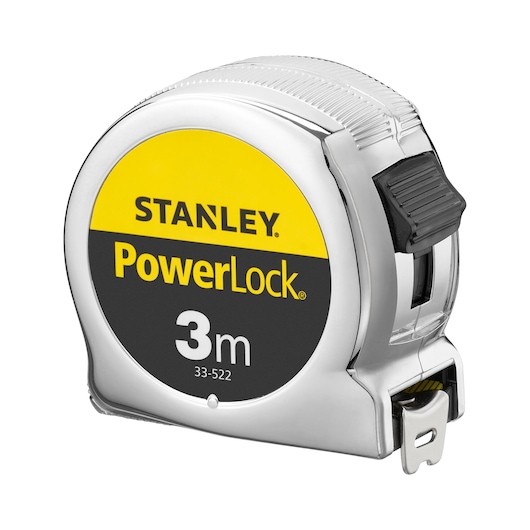 STANLEY 0-33-522 tape measure, PowerLock series, 3m length, silver and yellow, front angle photo.