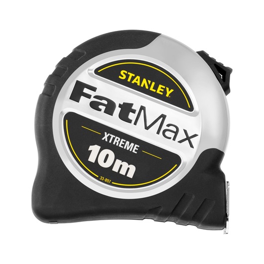 Stanley FatMax Xtreme 10m tape measure with black and silver casing, used for measuring length.