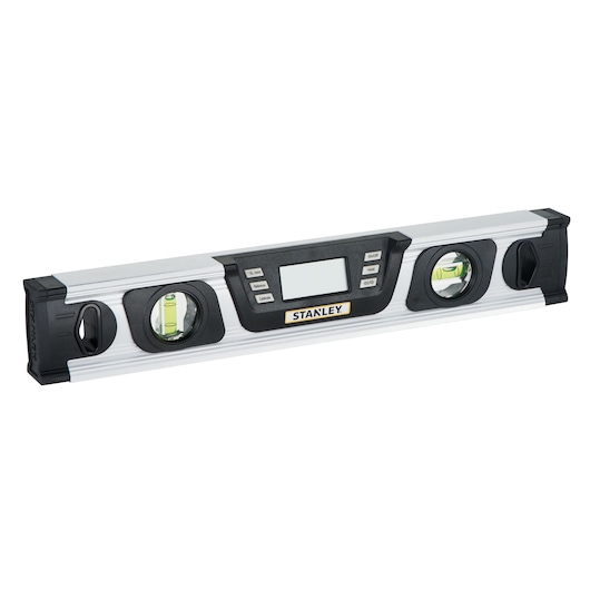 Photo of STANLEY 0-42-063 digital spirit level, silver with black accents, front angle on white background.