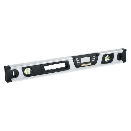 STANLEY 0-42-065 digital spirit level with LCD display, aluminum body and black accents, front angle.