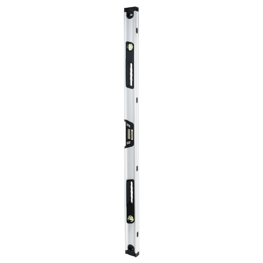Photo of STANLEY 0-42-086 spirit level tool, silver with black handles, front angle on white background.