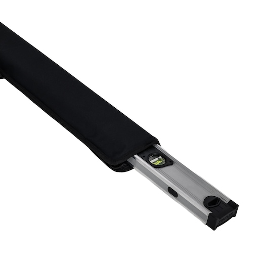 Photo of STANLEY 0-42-086 spirit level partially inside a black carrying case, angled on white background.