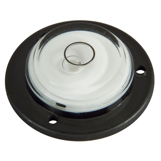 STANLEY 0-42-127 round leveling bubble vial, black and clear, top view, photography accessory.