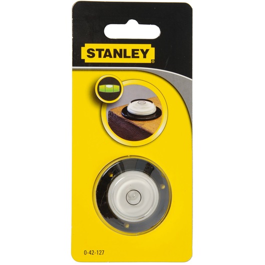Stanley 0-42-127 circular bubble level in packaging, white and black plastic, front angle photo.
