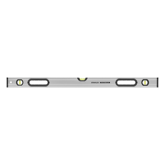 Photo of STANLEY 0-43-637 spirit level, silver with three vials and black end caps, front angle on white background.