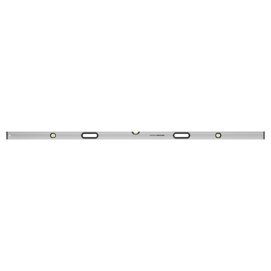 STANLEY 0-43-679 box level with aluminum body, three bubble vials, black hand grips, front view, white background.
