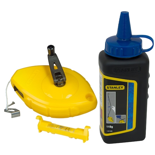 Stanley chalk line kit with yellow reel, chalk powder bottle, and small leveling tool.