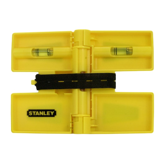 Yellow STANLEY hinge level with two bubble vials and black strap, designed for measuring angles accurately.