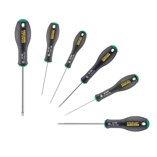 STANLEY 0-65-099 screwdriver set with black ergonomic handles and green accents, six pieces, top-down view.