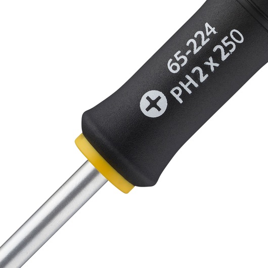STANLEY 0-65-224 Phillips screwdriver with black handle, yellow accent, and visible PH2 x 250 marking, close-up.
