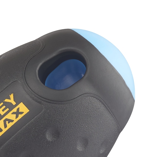 STANLEY 0-65-408 screwdriver handle close-up, black and blue plastic, product photography, white background.