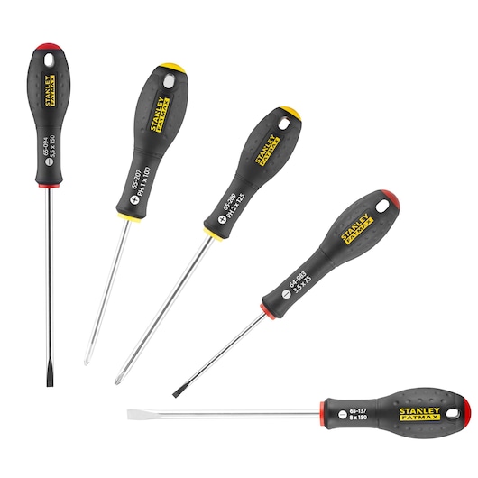 STANLEY 0-65-436 screwdriver set, five pieces, black and yellow ergonomic handles, flathead and Phillips, product photography, top view.