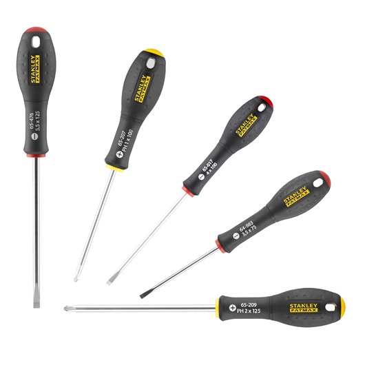 Five Stanley screwdrivers with different tips and sizes, black handles with yellow or red accents, arranged on white.