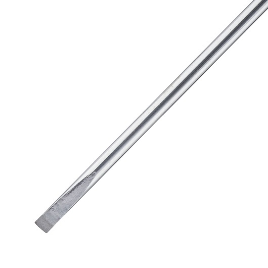 Photo of STANLEY 0-65-478 flathead screwdriver shaft, silver metal, close-up, white background.