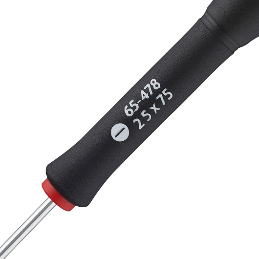 STANLEY 0-65-478 black handle slotted screwdriver, close-up angle on white background.
