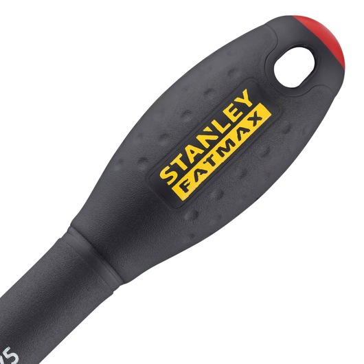 STANLEY FATMAX 0-65-478 screwdriver handle, black textured grip with yellow logo, top-down angle.