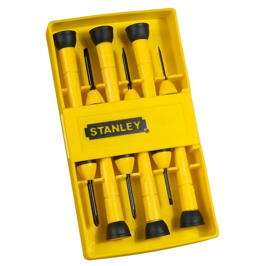 Photo of STANLEY 0-66-052 precision screwdriver set in yellow plastic case, six screwdrivers arranged neatly, top view.