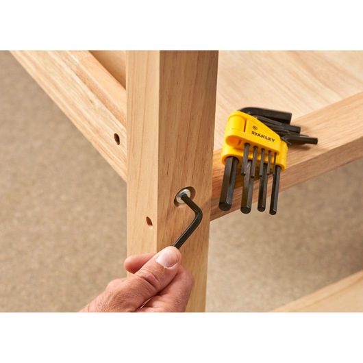 STANLEY 0-69-253 hex key set, yellow holder, black keys, assembling wooden furniture, side angle